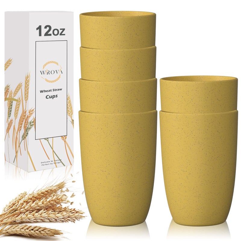 Wheat Straw Cups 6 PCS Good Alternative to Plastic Reusable Cups 12 oz Unbreakable Drinking Cup Reusable Dishwasher Safe Water Plastic Glasses Yellow